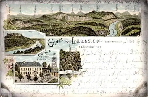 Litho Bad Schandau an der Elbe, Panorama, Gasthaus auf dem Lilienstein, Bes. F. Bergmann