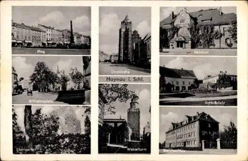 Ak Chojnów Haynau Schlesien, Schlossplatz, Berufsschule, Steingarten, Weberturm, Ring, Bahnhof