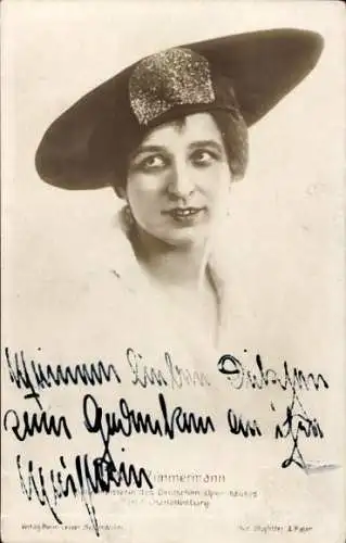 Ak Opernsängerin Zimmermann, Deutsches Opernhaus Charlottenburg, Portrait, Autogramm