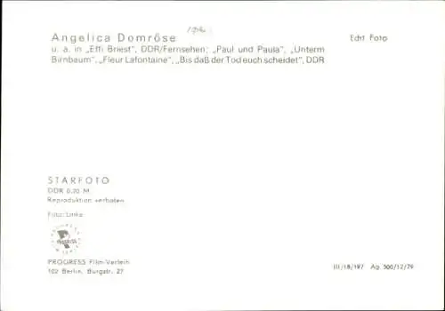 Ak Schauspielerin Angelica Domröse, Portrait, Autogramm, als Effi Briest DDR