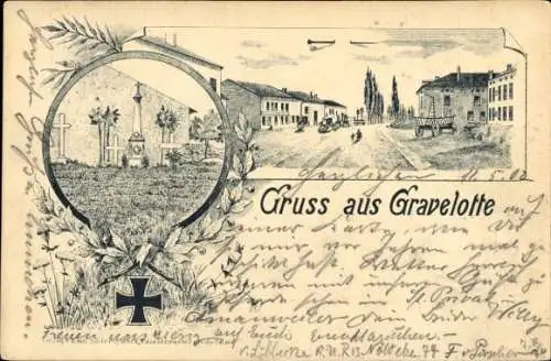 Litho Gravelotte Lothringen Moselle, Straßenpartie, Eisernes Kreuz, Kriegerdenkmal