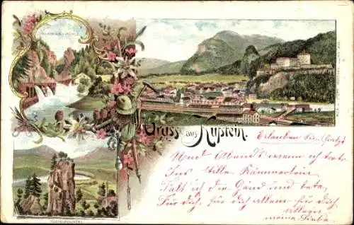 Litho Kufstein in Tirol, Sparchenmühle, Teufelskanzel, Panorama mit der Festung