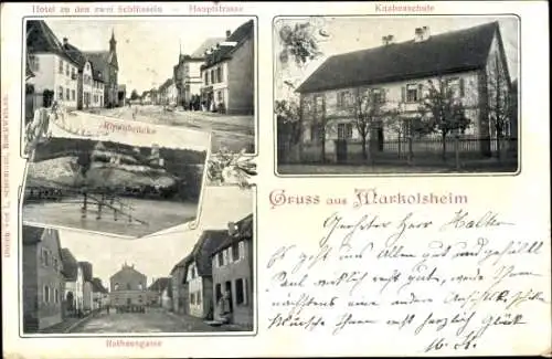 Ak Marckolsheim Markolsheim Elsass Bas Rhin, Knabenschule, Rathausgasse, Hotel zu den 2 Schlüsseln