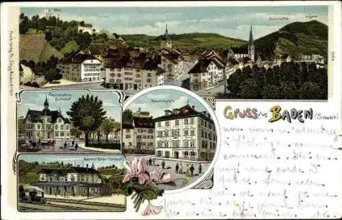 Litho Baden Kanton Aargau Schweiz, Restauration, Bahnhof, Gleisseite, Totalansicht