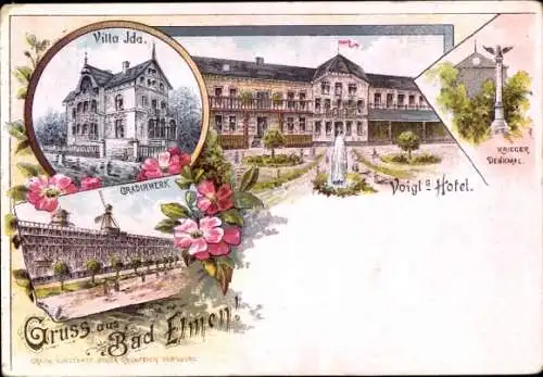 Litho Bad Elmen Salzelmen Schönebeck an der Elbe, Gradierwerk, Kriegerdenkmal, Voigt's Hotel