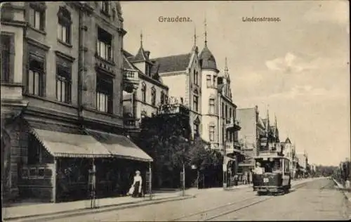 Ak Grudziądz Graudenz Westpreußen, Lindenstraße, Straßenbahn