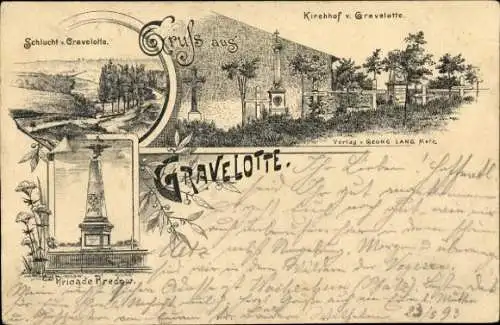 Vorläufer Litho Gravelotte Lothringen Moselle, Denkmnal Brigade Bredow, Schlucht, Kirchhof, 1893