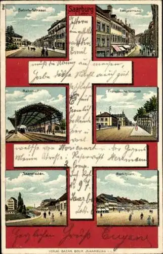 Litho Sarrebourg Saarburg Lothringen Moselle, Bahnhofstraße, Langestraße, Bahnhof, Markt