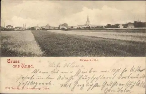 Ak Unna in Westfalen, Panorama, Evangelische Kirche
