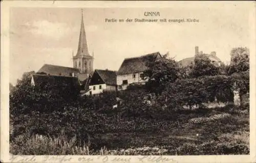 Ak Unna in Westfalen, Stadtmauer, Evangelische Kirche