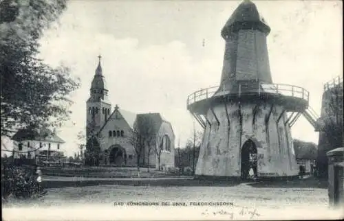 Ak Königsborn Unna im Ruhrgebiet, Windmühle am Friedrichsborn, Kirche