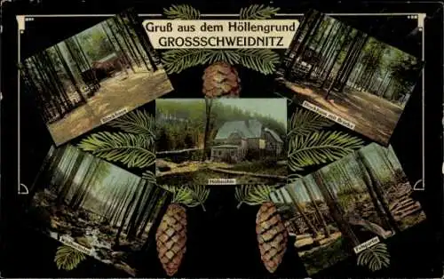 Ak Großschweidnitz in Sachsen, Höllengrund, Höhlenmühle, Blockhaus, Waldpartie