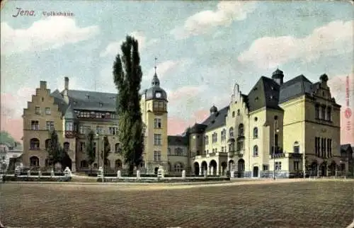 Ak Jena in Thüringen, Blick auf das Volkshaus, Platz, Baum, Turmuhr