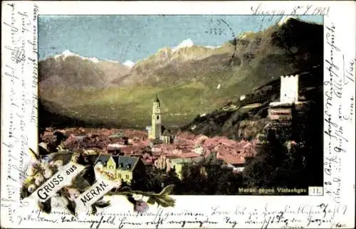 Ak Merano Meran Südtirol, Ansicht gegen Vintschgau, Burg, Kirche