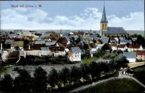 Ak Unna in Westfalen, Panorama, Evangelische Kirche