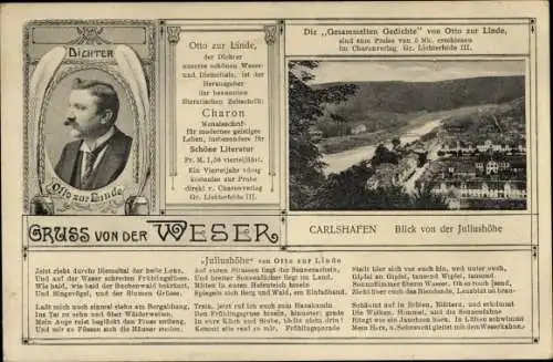 Ak Bad Karlshafen an der Weser, Gesamtansicht, Blick von der Juliushöhe, Dichter Otto zur Linde
