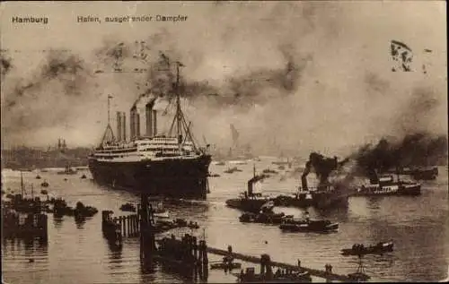 Ak Hamburg, Hafen, ausgehender Dampfer, Schleppschiffe