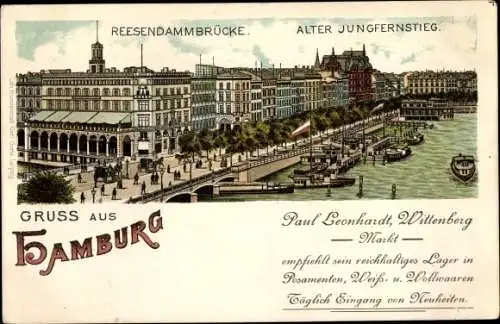 Litho Hamburg Mitte Neustadt, alter Jungfernstieg, Reesendammbrücke, Paul Leonhardt, Wittenberg