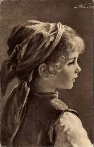 Künstler Ak Wunsch, M., Kind-Portrait, Kopftuch