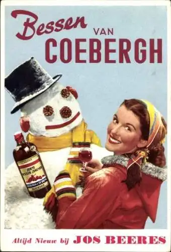 Ak Mädchen und Schneemann, Weinflasche, Alkohol, Werbung, Jos Beeres