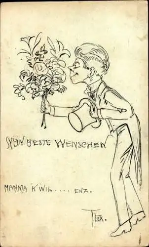 Künstler Ak Glückwunsch, Gratulant mit Blumenstrauß