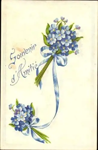 Präge Ak Souvenir, Blumenstrauß, Schleife, Vergissmeinnicht