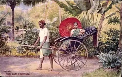 Ak Colombo Ceylon Sri Lanka, Tamil Frau in Rikscha