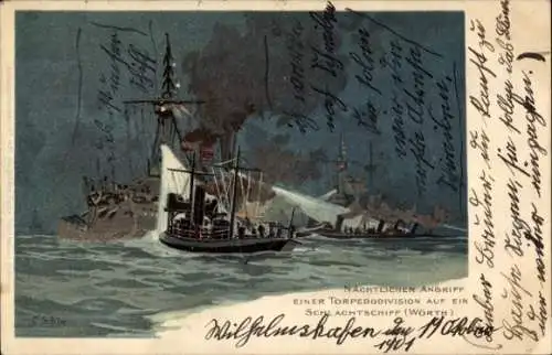 Künstler Litho Schön C., Schlachtschiff Wörth, nächtlicher Angriff einer Torpedobootsdivision