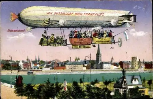 Ak Düsseldorf am Rhein, Zeppelin, Luftschifffahrt, Fahrgäste, Speisegondel