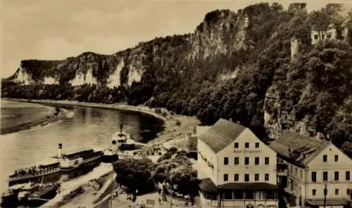 Ak Rathen an der Elbe Sächsische Schweiz, Hotel Erbgericht, Berge, Dampfer