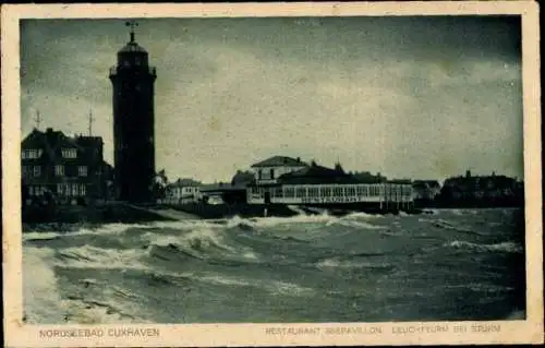 Ak Nordseebad Cuxhaven, Restaurant Seepavillon, Leuchtturm bei Sturm