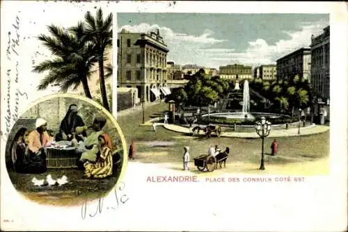Ak Alexandria Ägypten, Place des Consuls Cote Est, Platz mit Brunnen, Familie bei der Mahlzeit