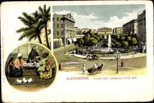 Ak Alexandria Ägypten, Place des Consuls Cote Est, Platz mit Brunnen, Familie bei der Mahlzeit