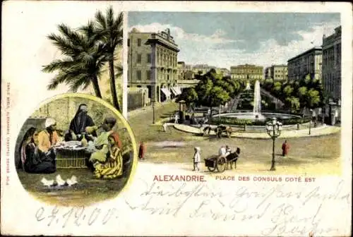 Ak Alexandria Ägypten, Place des Consuls Cote Est, Platz mit Brunnen, Familie bei der Mahlzeit