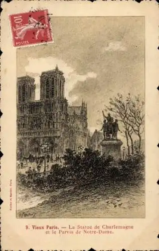 Ak Paris IV Ile de la Cité, Cathédrale Notre Dame, La Statue de Charlemagne