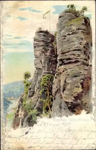 Litho Lohmen Sächs Schweiz, Blick auf den Bastei Felsen, Elbpartie, Fahne