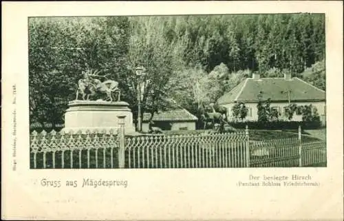 Ak Mägdesprung Harzgerode am Harz, Plastik Der besiegte Hirsch