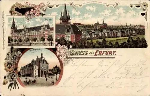 Litho Erfurt in Thüringen, Stadtbild, Post, Rathaus