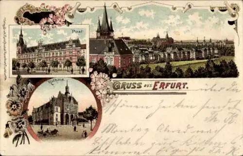 Litho Erfurt in Thüringen, Stadtbild, Post, Rathaus