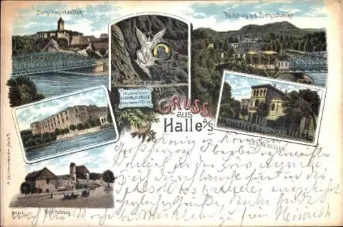 Litho Halle an d. Saale, Bad Wittekind, Reilsburg v. d. Bergschenke, Moritzburg, Burg Giebichenstein