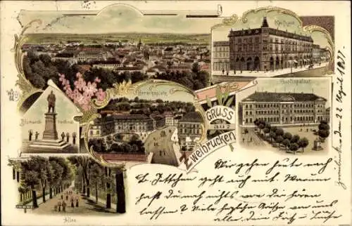 Litho Zweibrücken in der Pfalz, Bismarckdenkmal, Herzogsplatz, Kaufhaus, Justizpalast