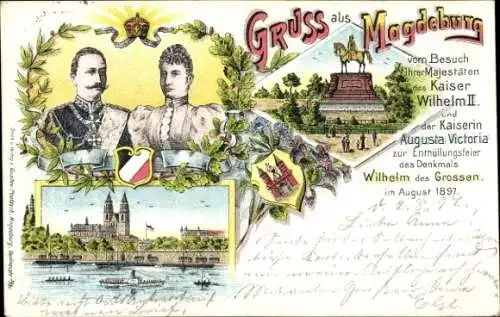Litho Magdeburg, Kaiser Wilhelm II., Augusta Victoria, Enthüllung Denkmal Wilhelm der Große 1897