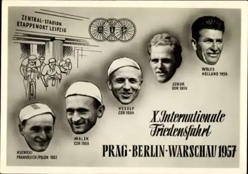 Ak X. Internationale Friedensfahrt 1957 Prag Berlin Warschau, Täve Schur, Vesely, Malek, Wolfs