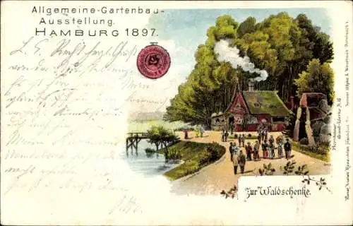 Litho Allgemeine Gartenbau-Ausstellung Hamburg 1897, Zur Waldschenke