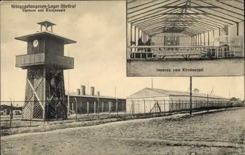 Ak Ohrdruf in Thüringen, Kriegsgefangenenlager, Uhrturm, Kirchenzelt, I. WK