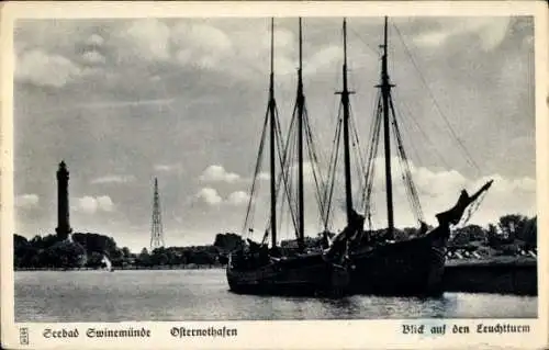 Ak Świnoujście Swinemünde Pommern, Osternothafen, Segelboote, Leuchtturm