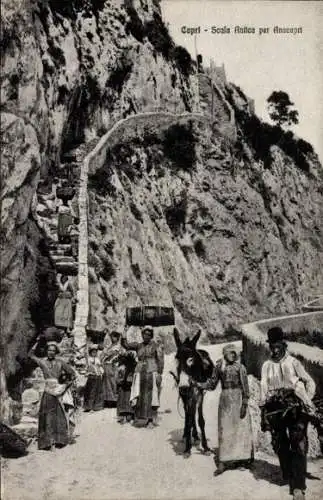 Ak Capri Campania, Scala Antica per Anacapri, Esel, Trägerinnen, Bergkamm