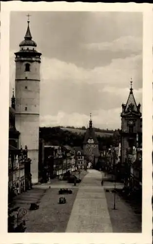 Ak Domažlice Taus Region Pilsen, Straßenpartie, Kirchturm, Rathaus