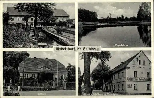 Ak Modlikowice Modelsdorf Niederschlesien, Fischteiche, Rinke's Gasthof, Schule, Mühle