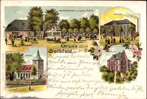 Litho Bothfeld Hannover, Gastwirtschaft Louis Rahlfs, Schule, Pfarrhaus, Kirche